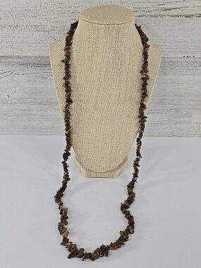 Tiger’s Eye Chip Stone Necklace 33” Natural Gemstone Brown Gold Beaded Strand...
